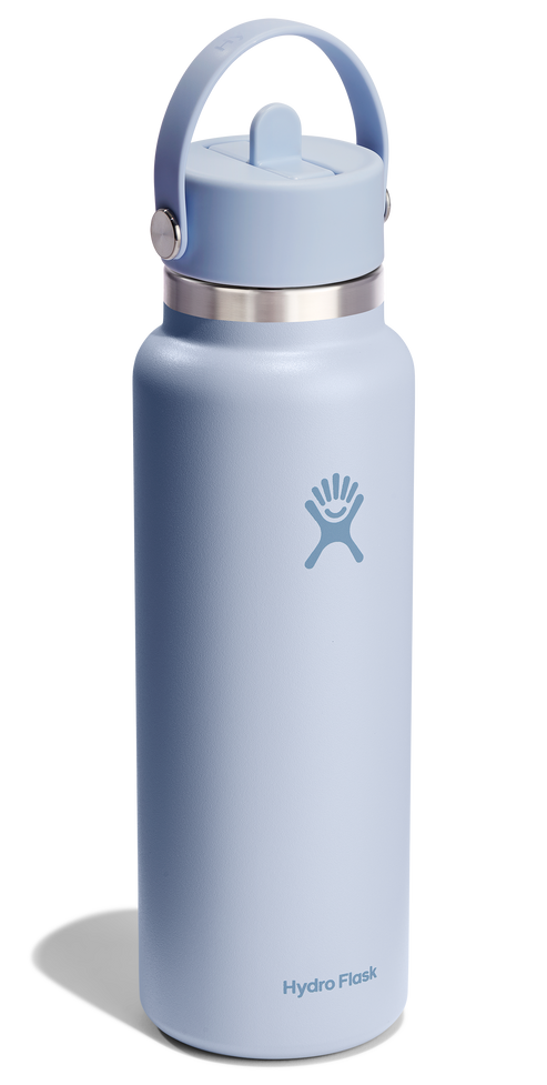 Light blue stainless steel water bottle with handle.