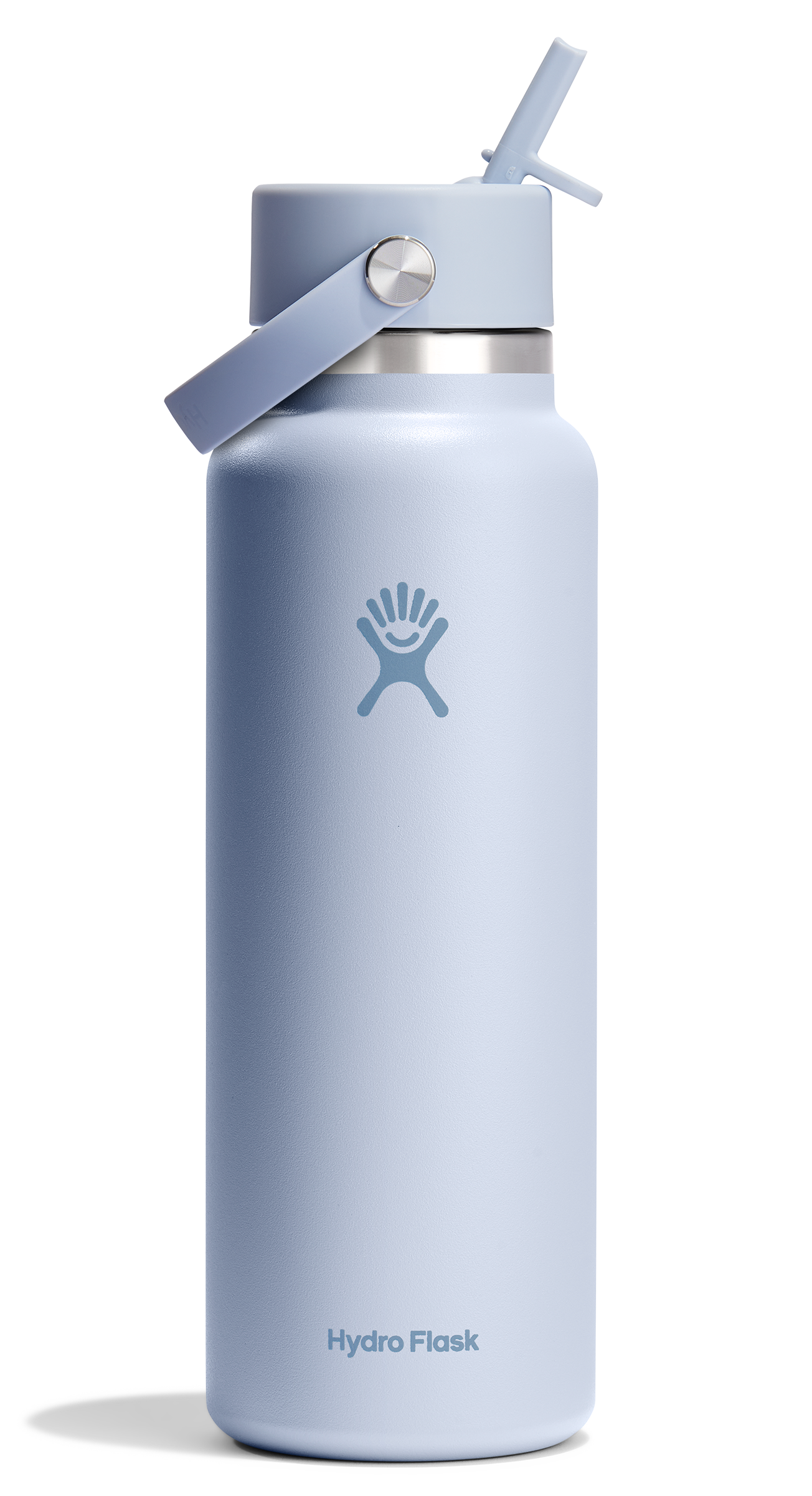 Light blue water bottle with straw and handle and a Hydro Flask logo.