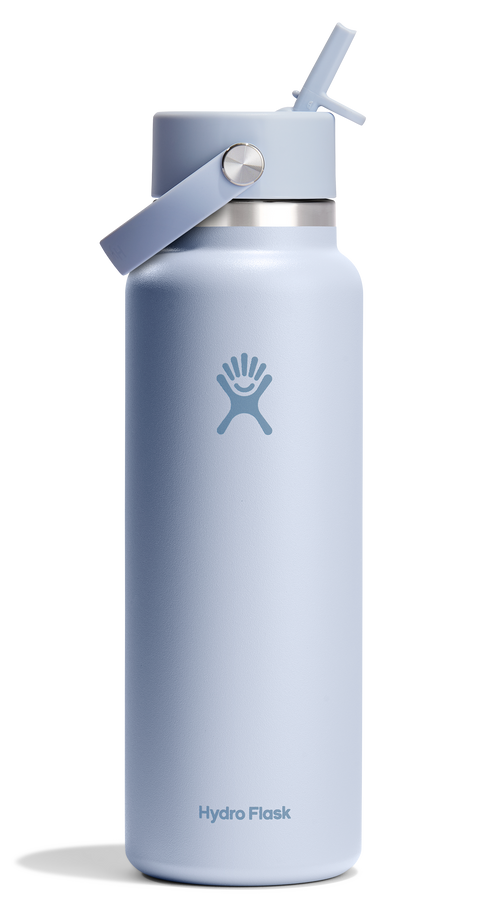 Light blue water bottle with straw and handle and a Hydro Flask logo.