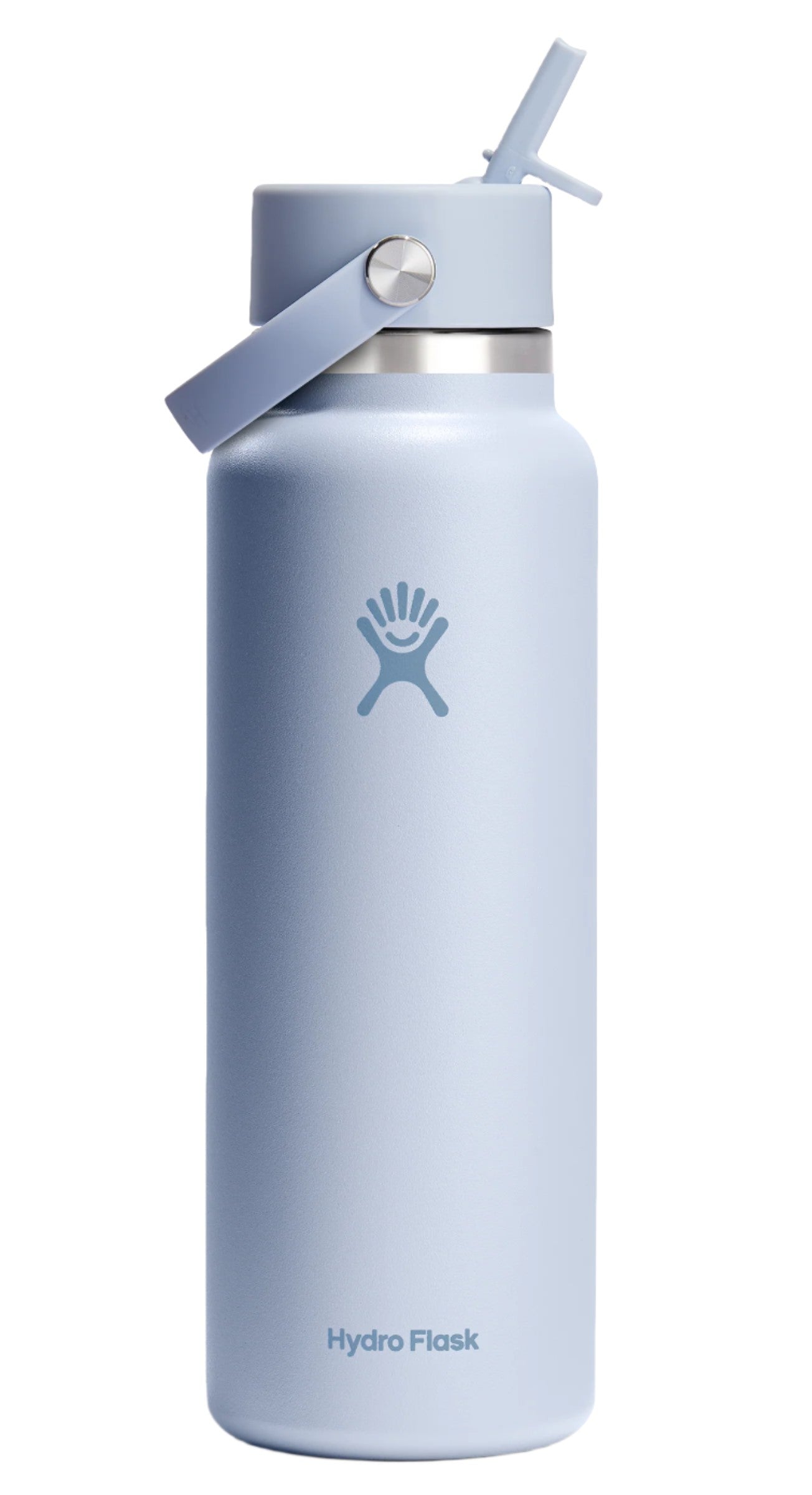 Light blue water bottle with straw and carry handle, logo present.