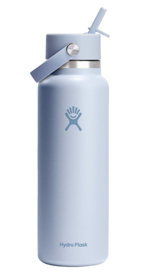 Light blue water bottle with straw and carry handle, logo present.