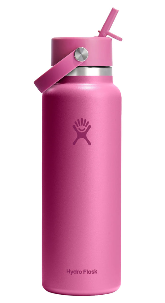 Pink water bottle with a straw lid.