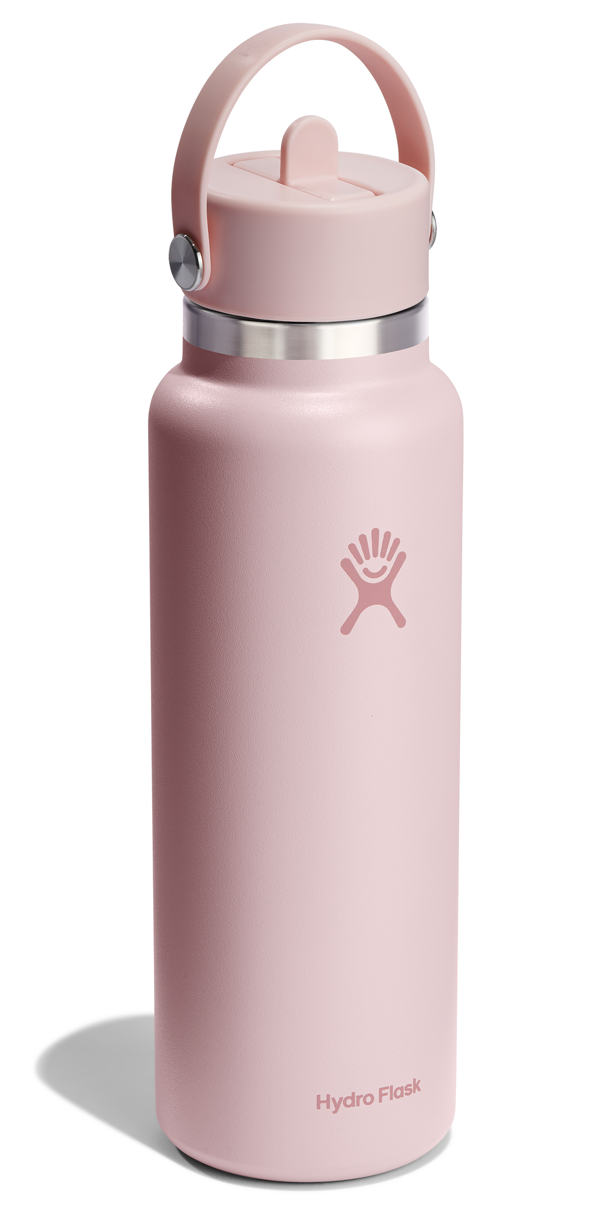 A pink water bottle with a loop handle.