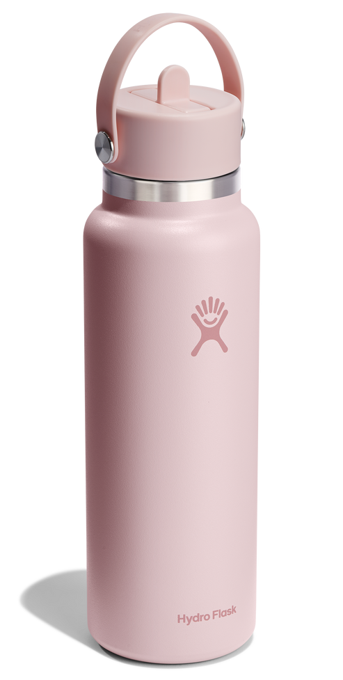 A pink water bottle with a loop handle.