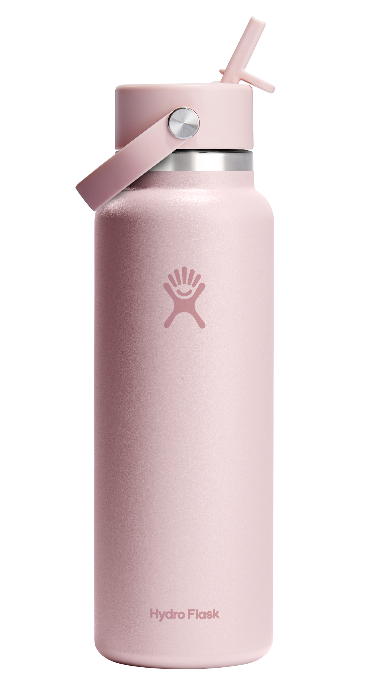 Pink water bottle with straw and handle; Hydro Flask is printed on the bottle.