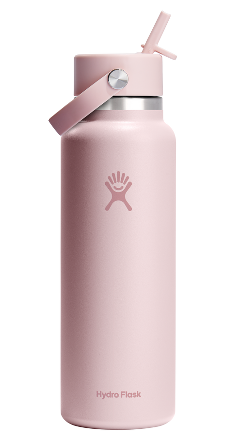 Pink water bottle with straw and handle; Hydro Flask is printed on the bottle.