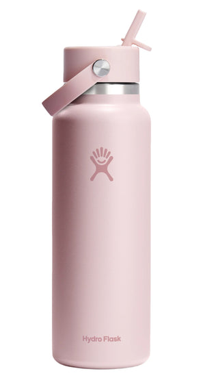 Pink water bottle with straw.