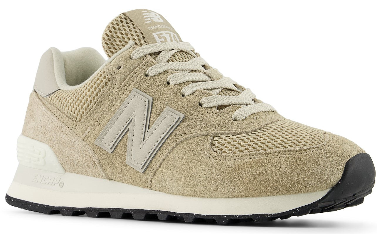 Low top sneaker with beige suede and mesh upper, tan 'N' logo on side, and black and white sole.