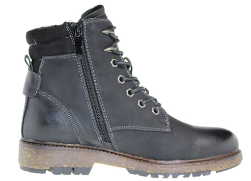 Black lace-up ankle boot with zipper closure and visible stitching.