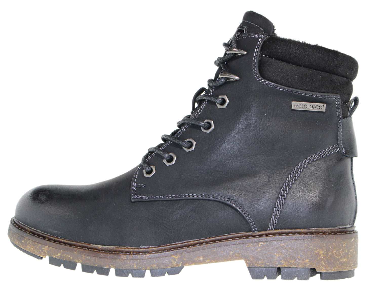 Black leather waterproof ankle boot with metal eyelets.