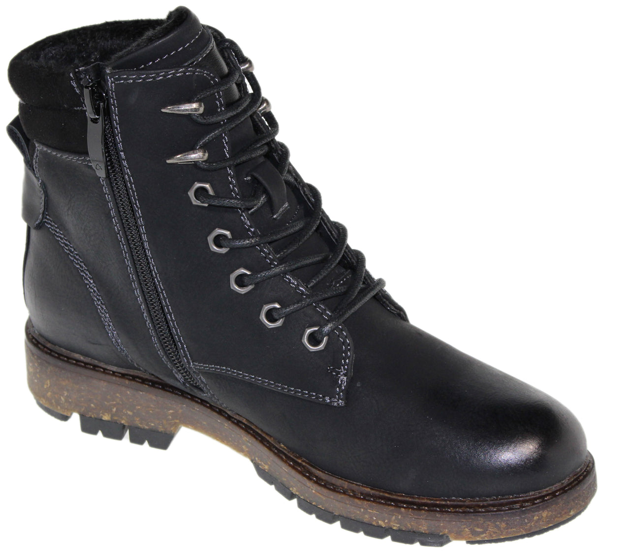 Black leather ankle boot with lace-up closure, side zipper, lug sole, and faux fur lining.