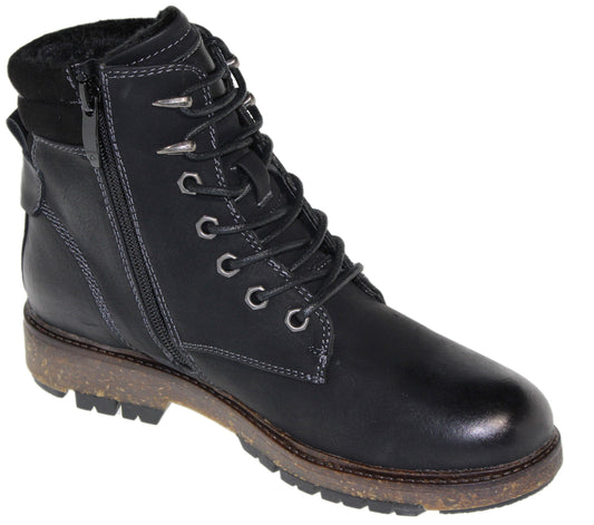 Black leather ankle boot with lace-up closure, side zipper, lug sole, and faux fur lining.