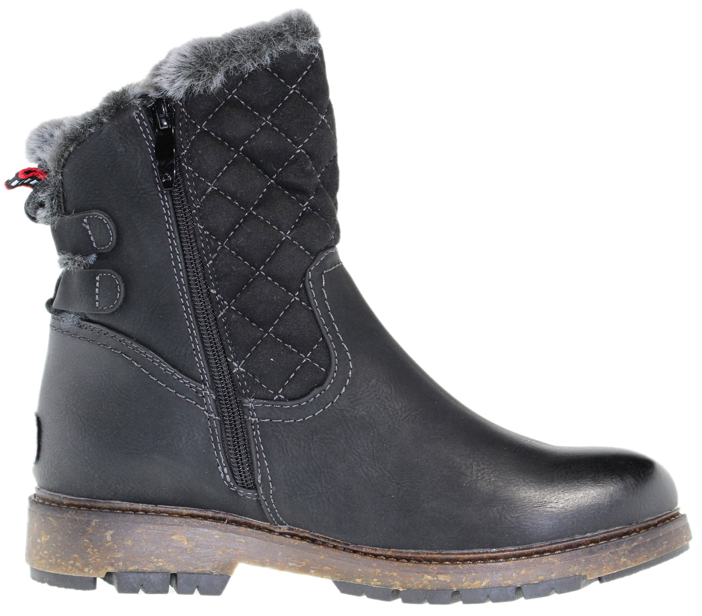 Side view of a black ankle boot with quilted shaft, faux fur trim, and side zipper.