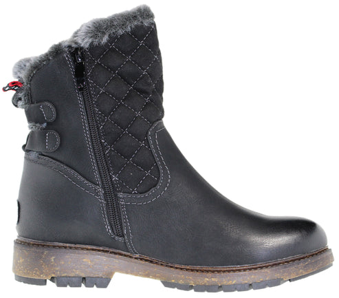 Side view of a black ankle boot with quilted shaft, faux fur trim, and side zipper.