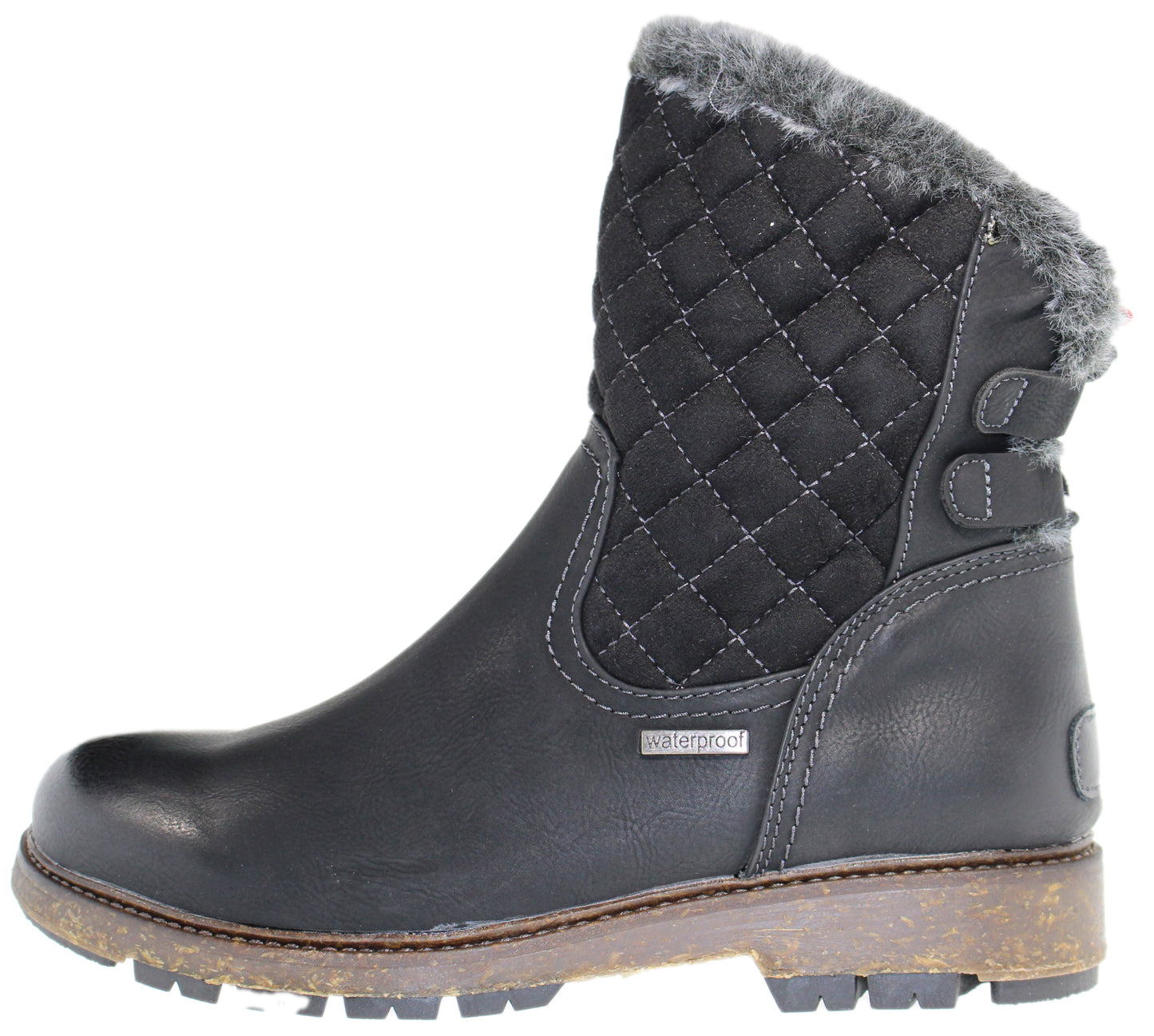 Black waterproof ankle boot with faux fur trim and quilted panel.