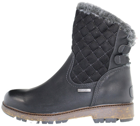 Black waterproof ankle boot with faux fur trim and quilted panel.