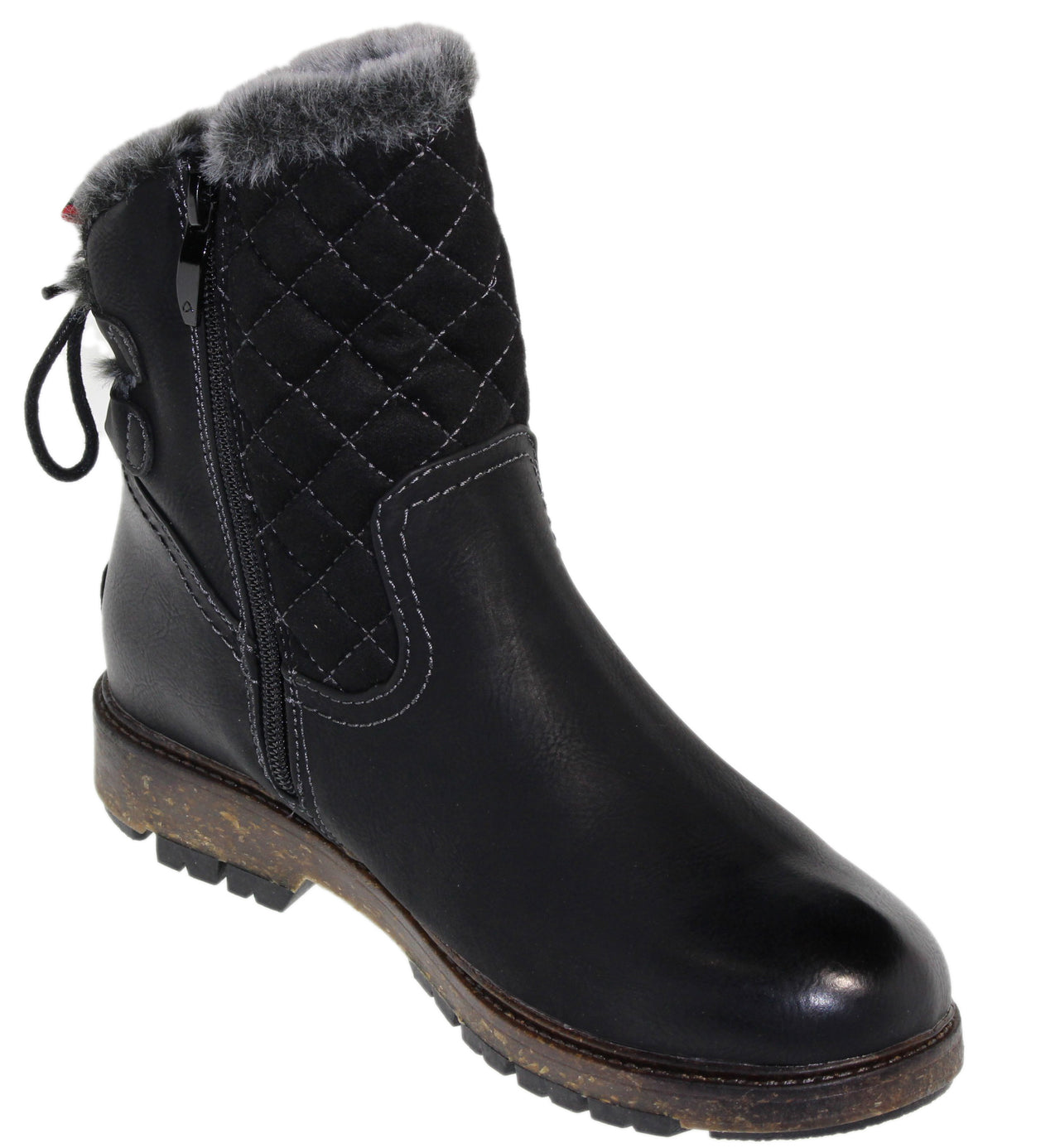 Black ankle boot with fur trim, quilted shaft, side zipper and lace-up back.