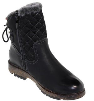 Black ankle boot with fur trim, quilted shaft, side zipper and lace-up back.