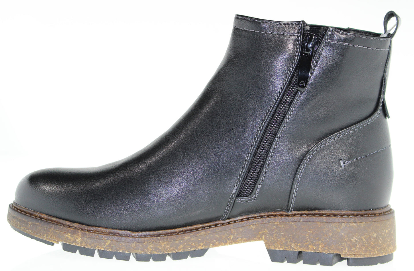 Black ankle boot with side zipper and lug sole.