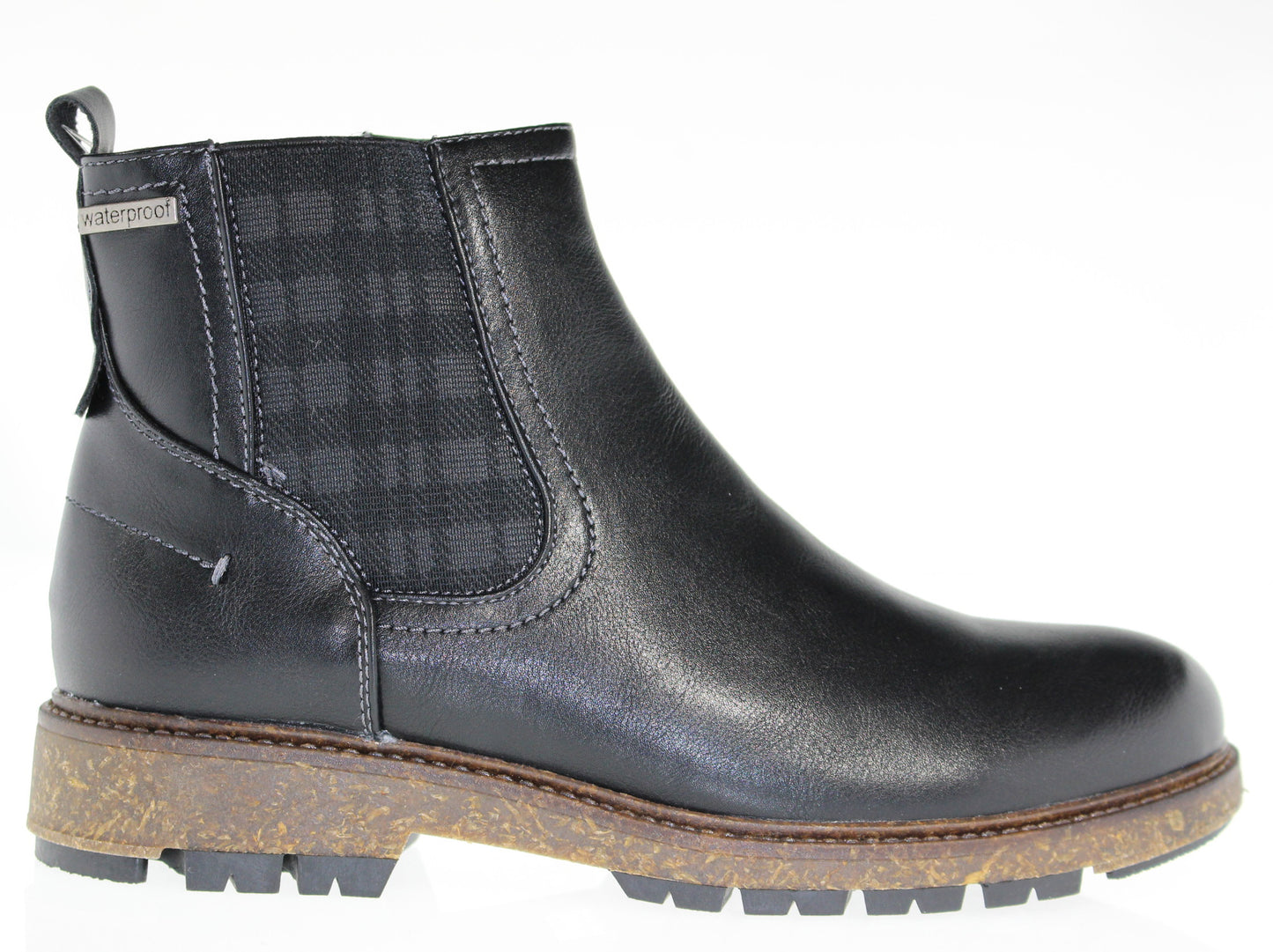 Black waterproof ankle boot with plaid elastic side and lug sole.