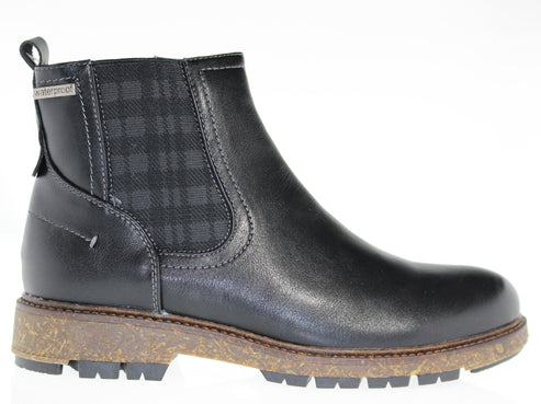Black waterproof ankle boot with plaid elastic side and lug sole.