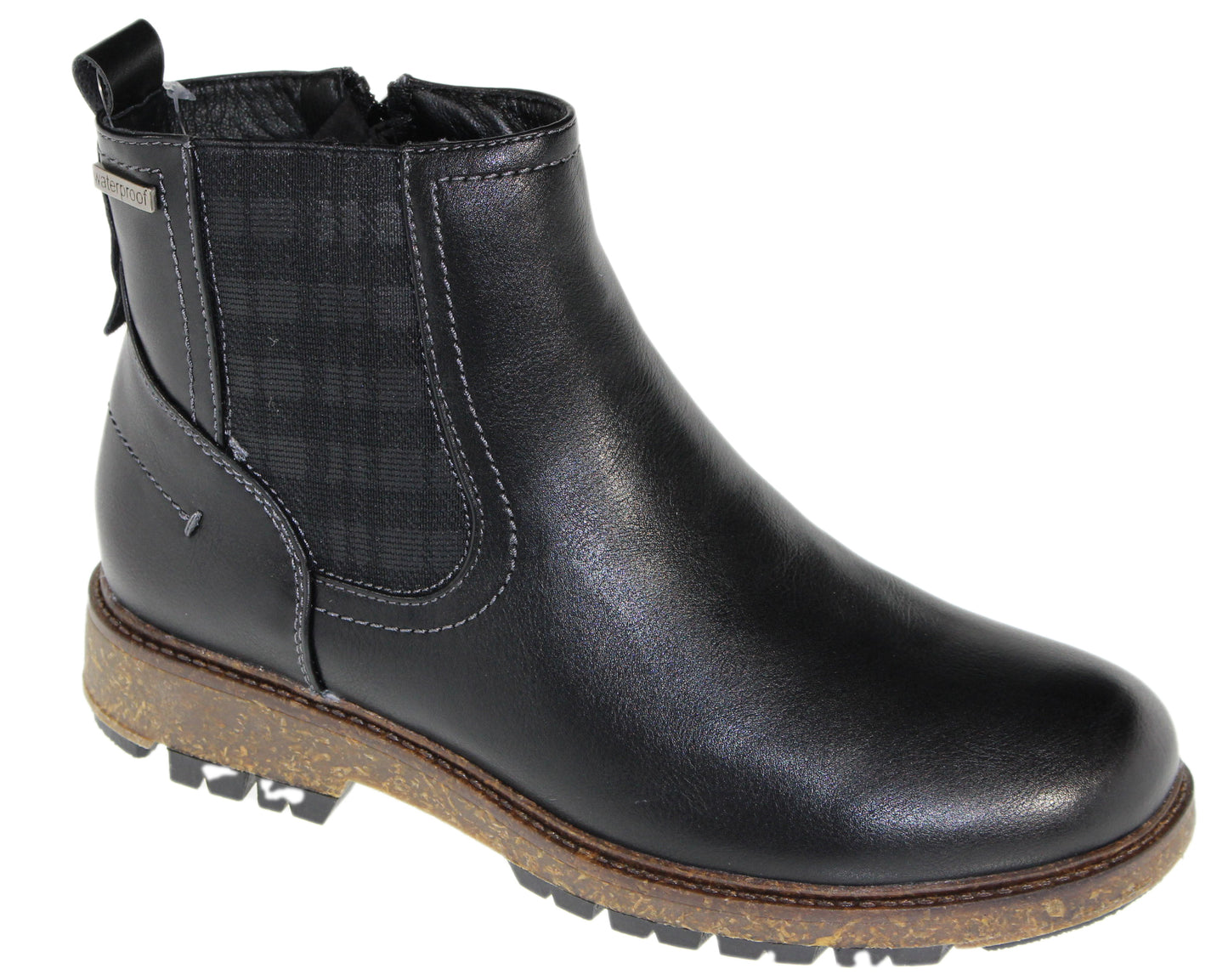 Black ankle boot with side zipper, plaid elastic inserts, and lug sole.