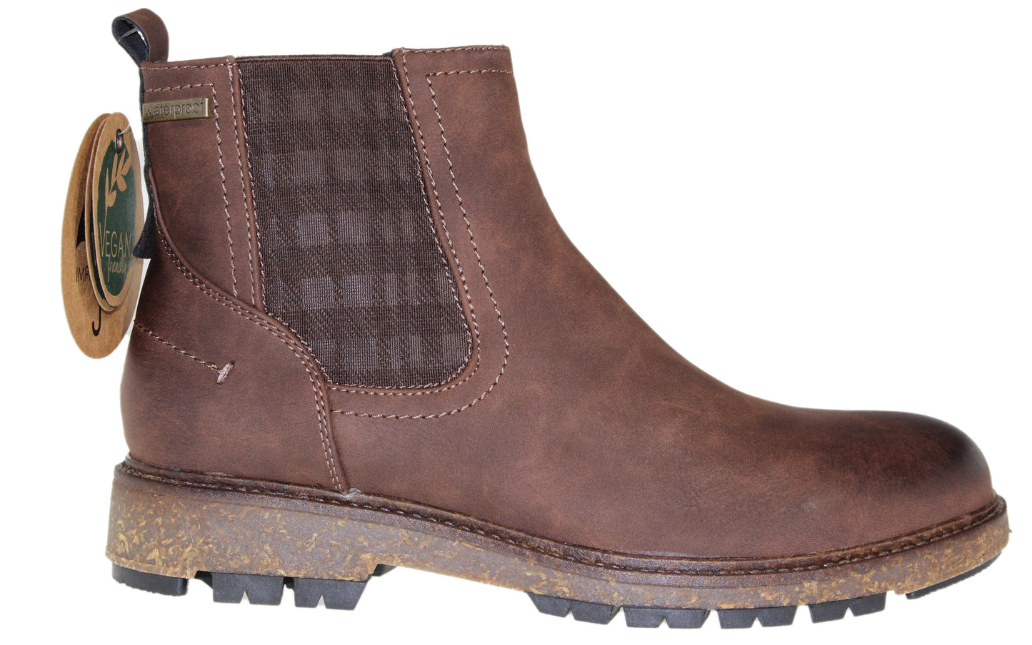 Brown ankle boot with a chunky, textured sole and elastic side panels featuring a plaid pattern.