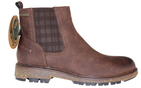 Brown ankle boot with a chunky, textured sole and elastic side panels featuring a plaid pattern.