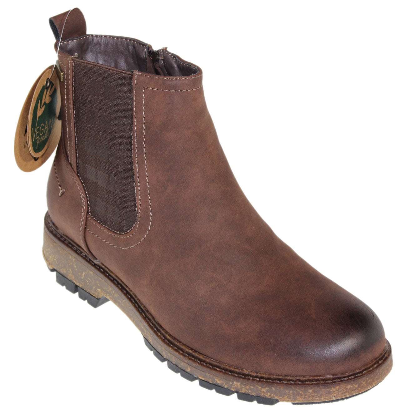 Brown ankle boot with elastic side panel and heel loop.