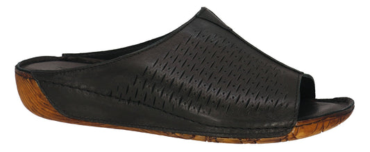 A black leather sandal with a slip-on design, featuring a wood-like sole and decorative perforations on the upper.