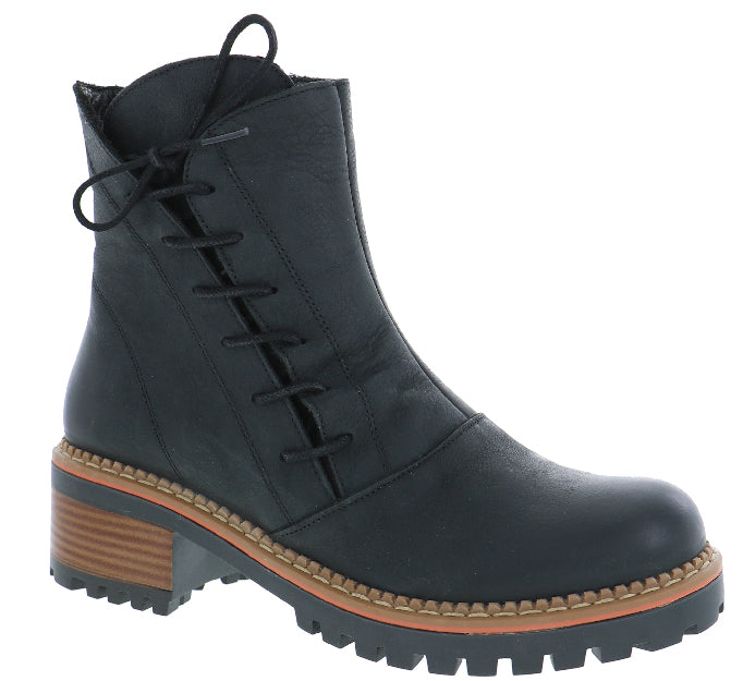 A black ankle-high boot with side lacing and a lug sole.