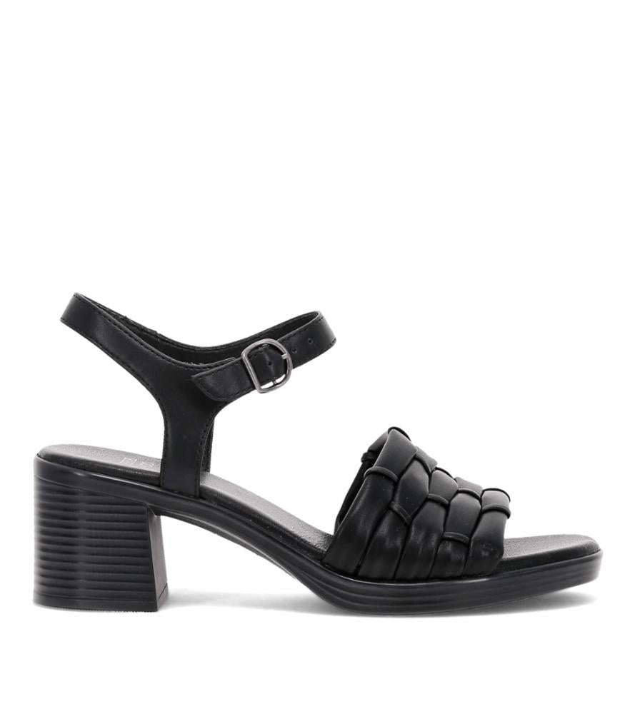 Black heeled sandal with ankle strap and woven toe.