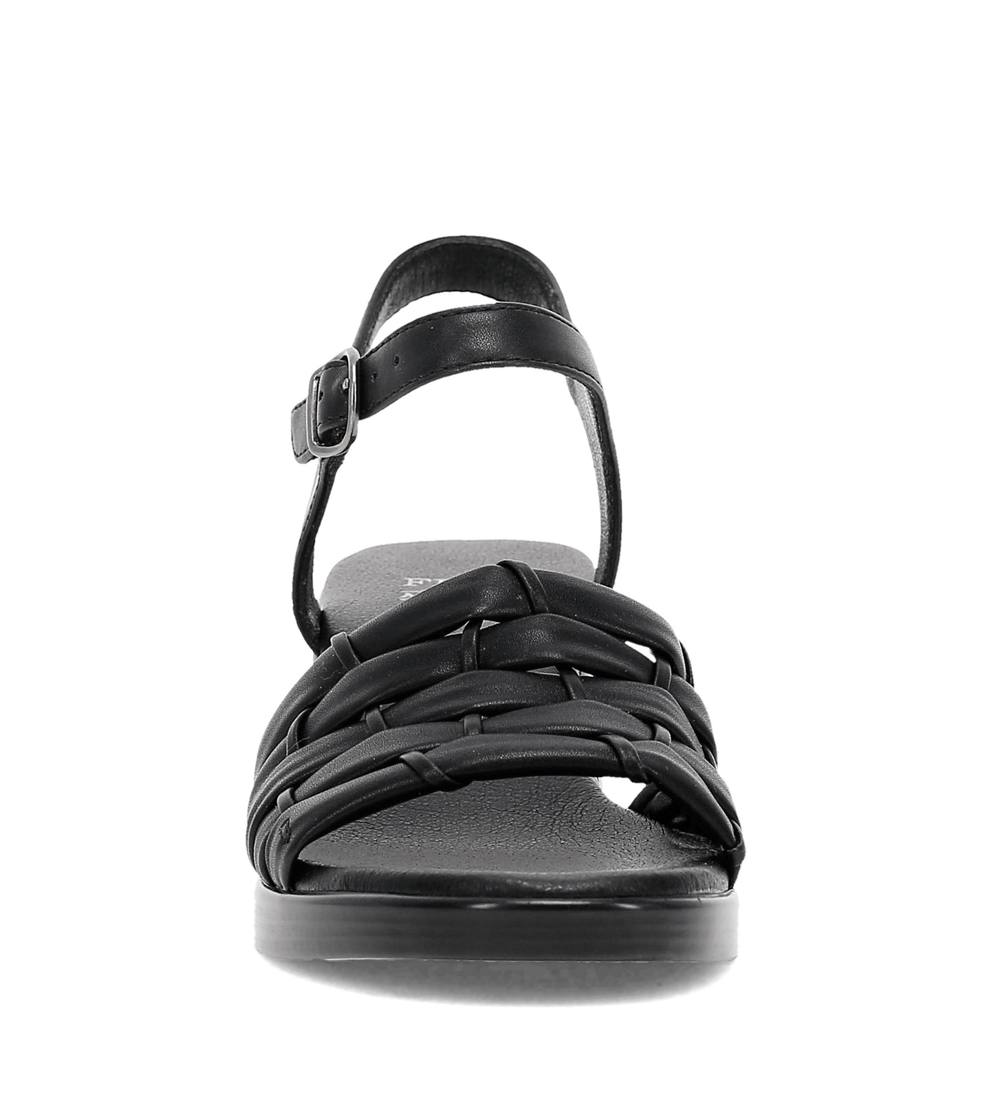 Black woven strap sandal with ankle strap.