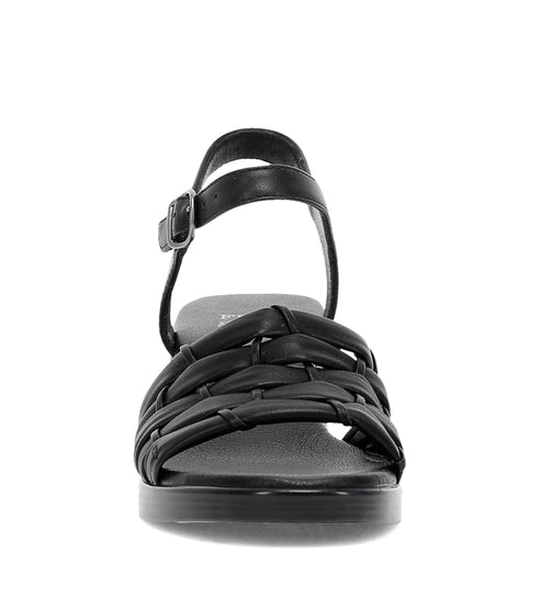 Black woven strap sandal with ankle strap.
