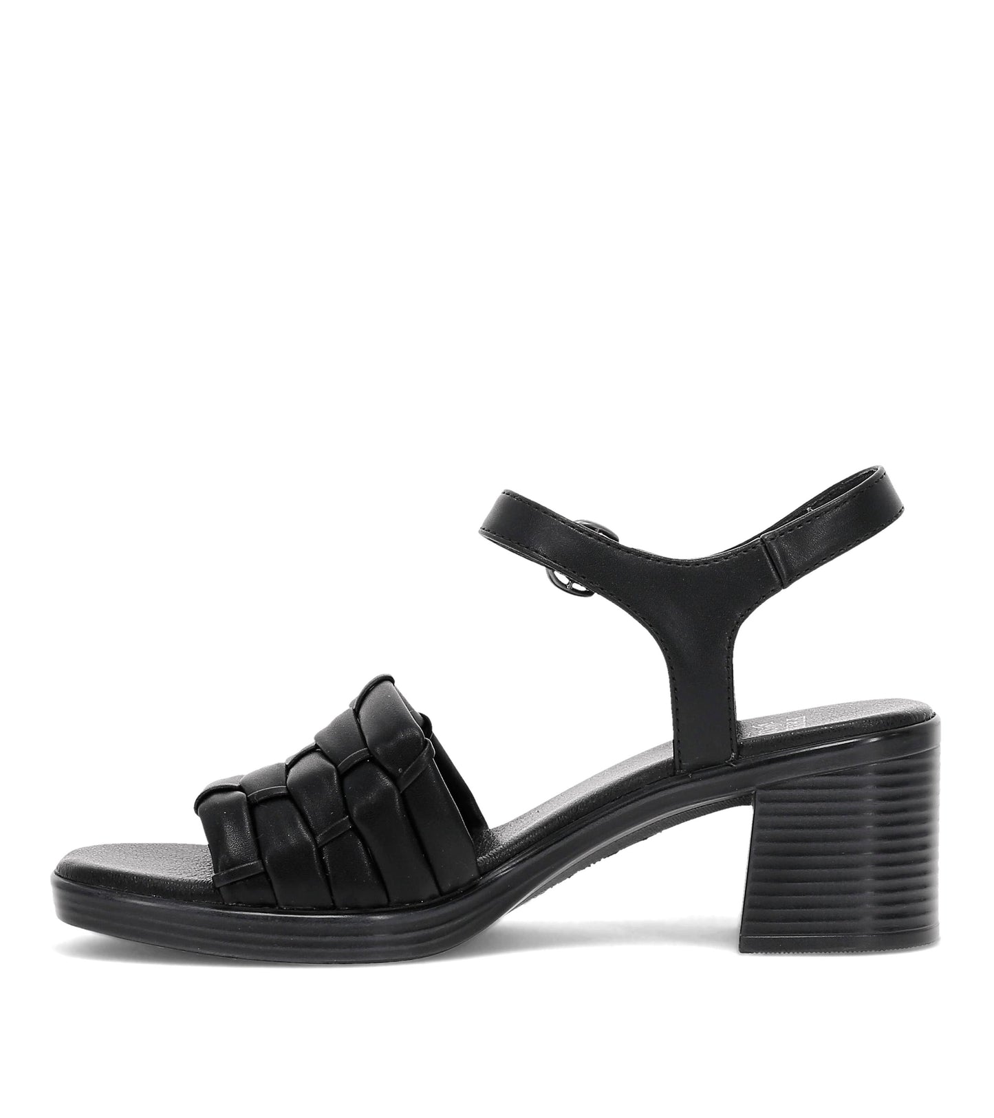Black heeled sandal with a woven upper strap and an ankle strap.