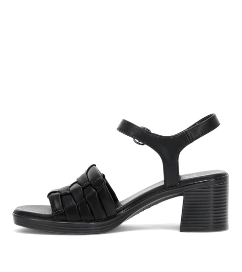 Black heeled sandal with a woven upper strap and an ankle strap.