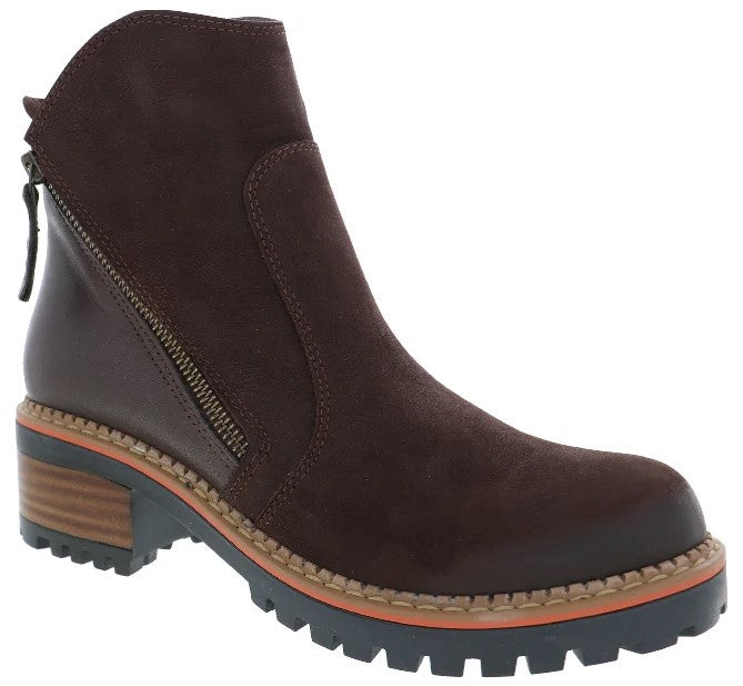 A brown ankle boot with a suede upper, side zipper, and a thick, lugged platform sole featuring an orange strip and a wood-effect block heel.