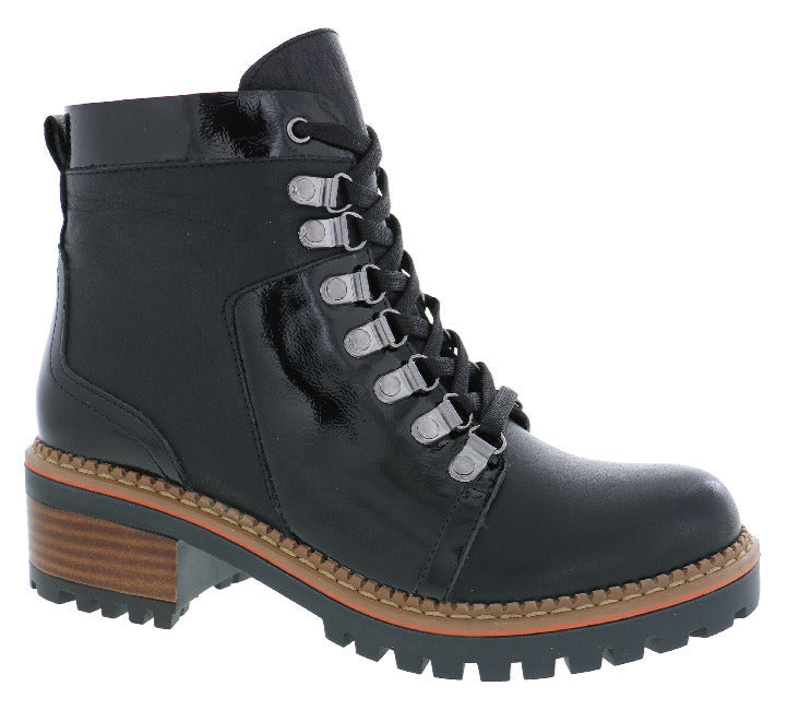 Black heeled ankle boot with lace-up closure and lug sole.