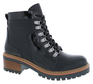 Black heeled ankle boot with lace-up closure and lug sole.
