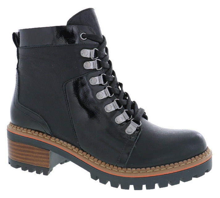 Black heeled ankle boot with lace-up closure and lug sole.