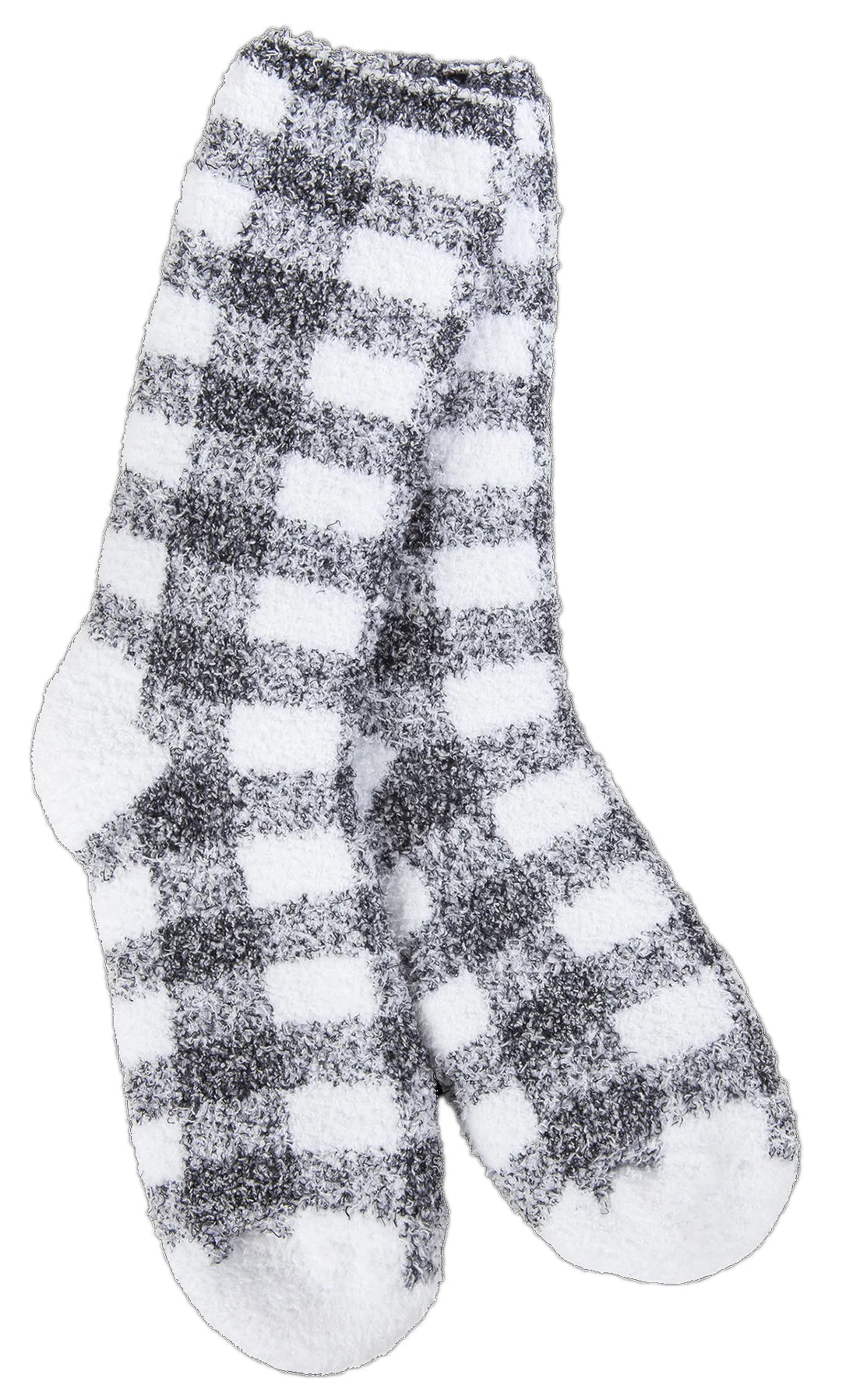 Two plush socks with a black and white checkered pattern.
