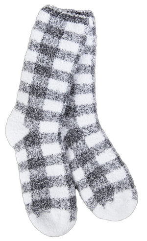 Two plush socks with a black and white checkered pattern.