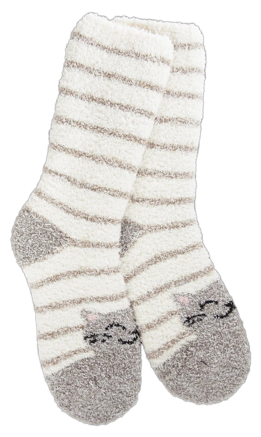 Pair of striped fuzzy socks with cat face designs on the toe.