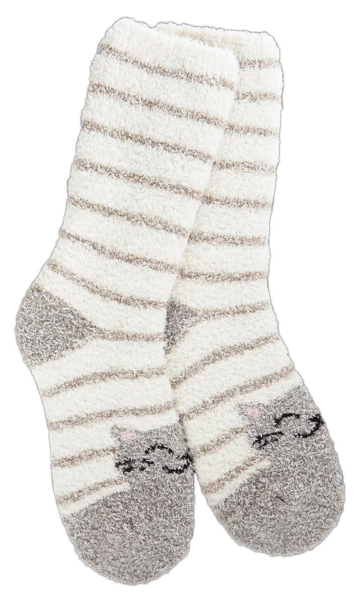 Pair of striped fuzzy socks with cat face designs on the toe.