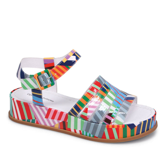Platform sandal with multicolor stripes and ankle strap.