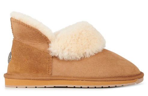 Tan colored slipper with plush white lining.