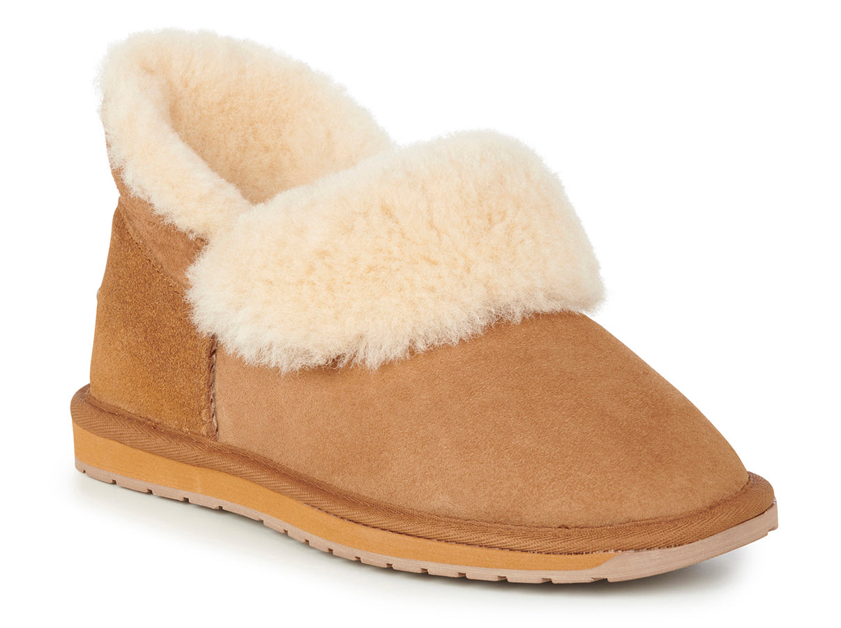 Tan suede slipper with cream colored faux fur lining.
