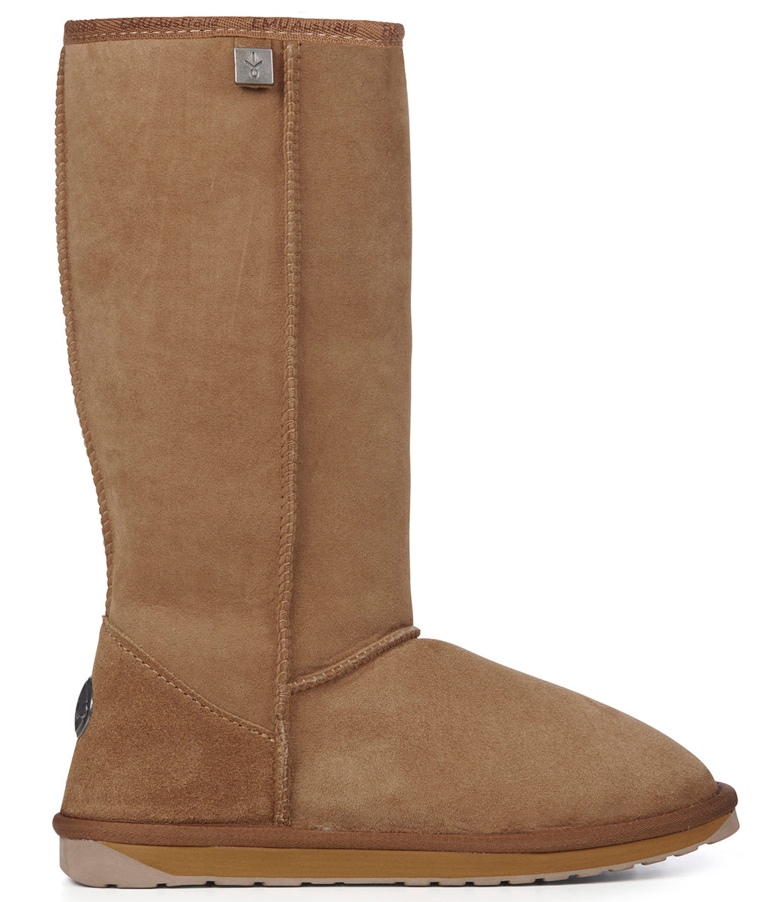 Knee-high brown sheepskin boot with visible seam
