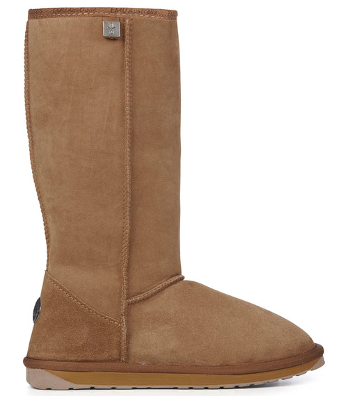 Knee-high brown sheepskin boot with visible seam