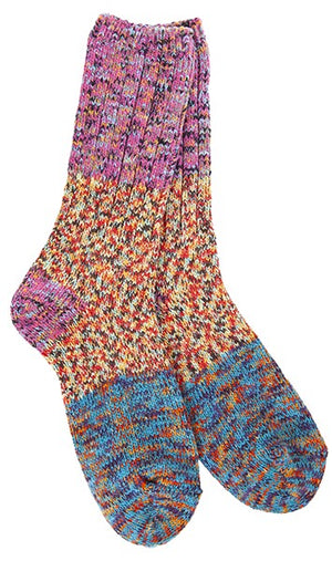 Pair of ribbed crew socks with a tie dye pattern in pink, orange, and blue.